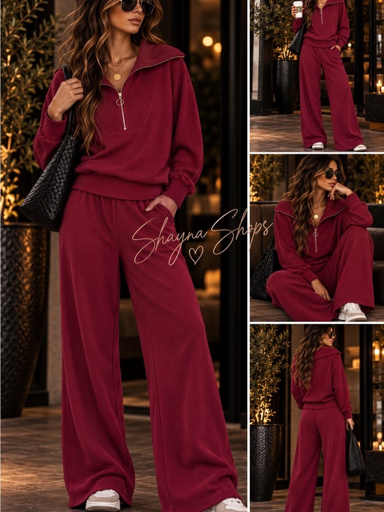 Zenana Outfitters Pants - Zenana Premium Ribbed Wide-Leg Lounge Pants & Half Zip Pullover Set — Cabernet